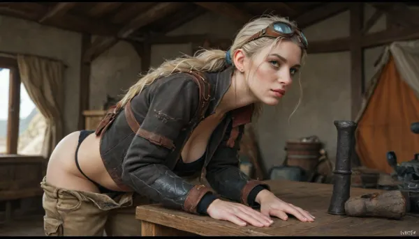 (Masterpice), (HD4K visual), (detailed background), (detailed model), detailed background, detailed face, detailed eyes, detailed hands, (Gemma from the video game Monster hunter wilds:1.4), (big messy platinum blond hair in a really long ponytail), blond hair, (blue eyes), freckles, long face, welders goggles on forehead, brown croptop leather jacket, bikini under jacket, thong, brown baggy pants, utility belt, chubby body, DD size breasts, bent over a anvil, background is a Smiths forge, tent over forge, day time, sunlight beeming down, (forging on a anvil with a blacksmith hammer:1.4), incase, style, ratatatat74, gemma_mhwilds, <lora:287175_training_data:1.4>, <lora:ratatatat74-000050:1.4>, <lora:gemma_mhwildsXL:1.4>, <lora:add-detail-xl:1.4>