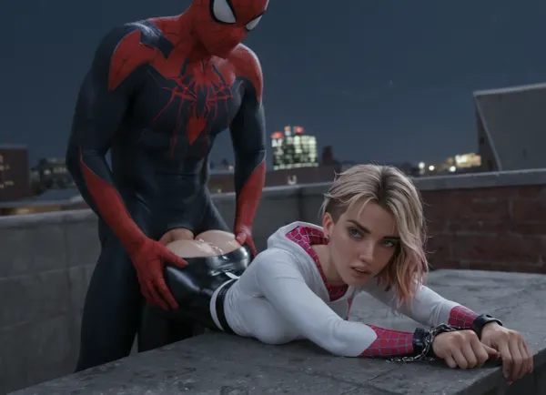 (Spidergwen from Spiderman:1.3), latex, (wrists shackled, hands behind back:1.2), slim build. Clothed, on stomach, showing ass, anal sex, 1boy, angry, cum on ass, rooftop. night, maximum details