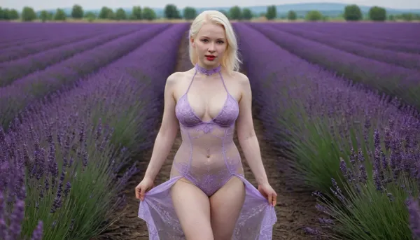 captivating young 5-feet albino Ukrainian girl, chubby, smiling, desirable big breasts and thighs, traditional lavender patternless invisible cheongsam of spiderweb density on completely bare body, barefoot, warm summer rain, lavender field intensely blooming, dawn