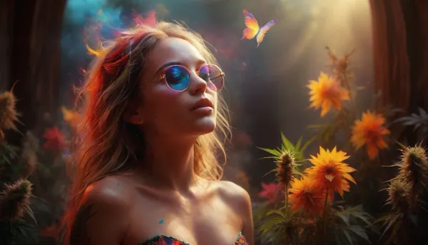 (warm ambient light:1.5), A slim, flat-chested, sexy, colorful dressed 22 years old hippie sits in the monastery, jerking phallus cannabis bud, (huge phallus look alike detailed cannabis bud:1.6), In the garden, there are numerous cannabis plants in full bloom, (perfect cannabis buds:1.5), perfect face, (orgasm face:1.7), (moaning:1.6), (perfect detailed blonde dreadlocks:1), (surrounded by a large swarm of colorful cannabis_butterflies:1.5), tattooed, wears silver metal sunglasses with extremely small circular yellow lenses, looking at the viewer, (detailed reflection in the lenses of flowering cannabis plants:1), silent smile, perfect hands, it's a late summer afternoon, the sun is low and backlights the scene, rays of sunlight beautifully break through the smoke. Happy, content, satisfied, smiling, the focus is on the hippie, dirty, slutty, naughty thoughts, seductive, lustful, needy, aroused, (lascivious posing:1.6), shows her sexy highly detailed nipples, various perspectives, naughty posing, all over tattooed, dreadlocks, small butt, the background is blurred, the entire image is designed using technical parameters to create a warm, romantic atmosphere. Ganja, flowers, cannabis, marijuana, leaves, plants, resin, glands, nugs, edgFae, flower, fairy, style, wearing, sunlight_str1, vibrant, dream, pale, reality, elven, architecture, cloudy, smoke, atmospheric, clouds, fog, intricate detail, highly detailed, breathtaking, panoramic, cinematic, (3D, Framed, Woman), Cat, Skull, Flowers, Bird, Macabre, psychedelicai, orgasmface, Colorsplash, DonMSp3ctr4lXL, <lora:MJ52:2>, <lora:psychedelicai-SDXL:2>, <lora:orgasmface_SDXL:1.9>, <lora:SDXLPaintSplash:.8>, <lora:DonMSp3ctr4lXL-000008:1.8>