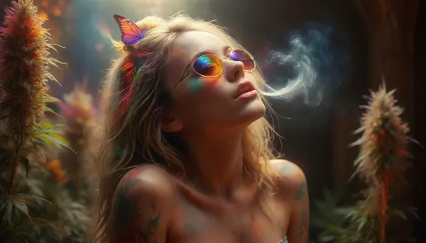 (warm ambient light:1.5), A slim, flat-chested, sexy, colorful dressed hippie sits in the monastery, jerking phallus cannabis bud, (huge phallus look alike detailed cannabis bud:1.6), In the garden, there are numerous cannabis plants in full bloom, (perfect cannabis buds:1.5), perfect face, (orgasm face:1.7), (moaning:1.6), (perfect detailed blonde dreadlocks:1), (surrounded by a large swarm of colorful cannabis_butterflies:1.5), tattooed, wears silver metal sunglasses with extremely small circular yellow lenses, looking at the viewer, (detailed reflection in the lenses of flowering cannabis plants:1), silent smile, perfect hands, it's a late summer afternoon, the sun is low and backlights the scene, rays of sunlight beautifully break through the smoke. Happy, content, satisfied, smiling, the focus is on the hippie, dirty, slutty, naughty thoughts, seductive, lustful, needy, aroused, (lascivious posing:1.6), shows her sexy highly detailed nipples, various perspectives, naughty posing, all over tattooed, dreadlocks, small butt, the background is blurred, the entire image is designed using technical parameters to create a warm, romantic atmosphere. Ganja, flowers, cannabis, marijuana, leaves, plants, resin, glands, nugs, edgFae, flower, fairy, style, wearing, sunlight_str1, vibrant, dream, pale, reality, elven, architecture, cloudy, smoke, atmospheric, clouds, fog, intricate detail, highly detailed, breathtaking, panoramic, cinematic, (3D, Framed, Woman), Cat, Skull, Flowers, Bird, Macabre, psychedelicai, orgasmface, Colorsplash, DonMSp3ctr4lXL, <lora:MJ52:2>, <lora:psychedelicai-SDXL:2>, <lora:orgasmface_SDXL:1.9>, <lora:SDXLPaintSplash:.8>, <lora:DonMSp3ctr4lXL-000008:1.8>