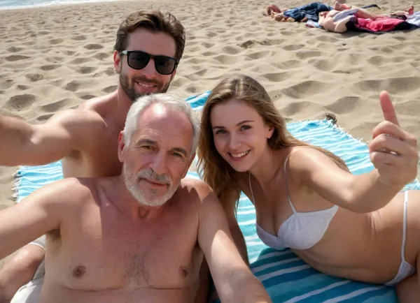 ((3 people in the image)), a 70y.o. elderly man, a 30y.o. woman and a 30y.o. man, on a beach towel, summer time, crowded beach, selfie, hot day
