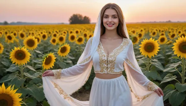 captivating young 5-feet brunette Ukrainian girl, smiling, desirable big breasts and thighs, traditional fine fabric loose-fitting snow-white gold-embroidered extra long Ukrainian blouse and skirt covering knees on completely bare body, a gold-embroidered snow-white scarf over head, barefoot, clear blue sky, lush human-height sunflowers intensely blooming, sunrise