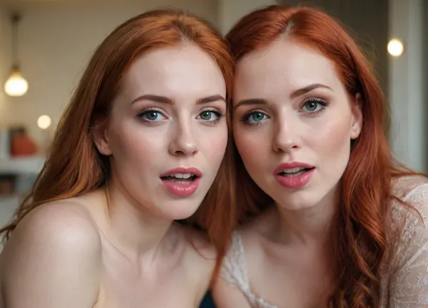 photo of three completely different women cheek on cheek, one with red hair, one with brunette hair and one with blonde hair. they are wearing soft makeup, tongue out, licking. looking at viewer. the background is blurry indoor.
