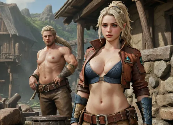 (Masterpice), (HD4K visual), (detailed model), detailed face, detailed eyes, detailed hands, (Gemma:1.4), from the video game Monster hunter wilds, (big messy platinum blond hair in a really long ponytail), blond hair, freckles, long face, horny expression, welders goggles on forehead, brown croptop leather jacket, bikini under jacket, brown baggy pants, utility belt, chubby body, DD size breast, pinching own nipples, out side in a primitive Smith forge in background, day time, sunlight beeming down, distance view, using a blacksmith hammer on a anvil, incase, style, ratatatat74, gemma_mhwilds, <lora:287175_training_data:1.4>, <lora:ratatatat74-000050:1.4>, <lora:gemma_mhwildsXL:1.4>, <lora:add-detail-xl:1.4>