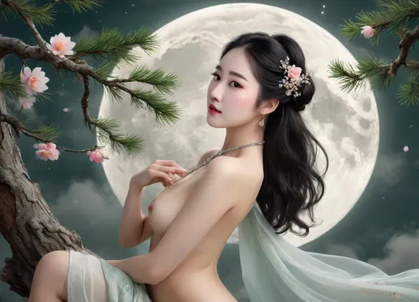 A dreamy illustration of a graceful Chinese goddess of the moon seated elegantly on a pine tree branch under a glowing full moon., (nude), slender body, (charming eyes:1.6), (pretty face:1.6), (perfect nose:1.6), black hair adorned with delicate floral hairpins and a jade ornament, The background features a large luminous full moon dominating the sky, casting a soft silver glow across the scene. Stylized clouds swirl around the moon in traditional Chinese ink-painting style, Pine tree branches stretch across the composition, painterly aesthetic reminiscent of classical Chinese scroll art, <lora:Midjourney Image Enhancer XL v1:.8>