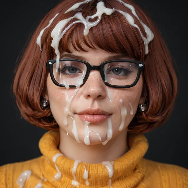 close-up on head and breasts of, ((30yo woman)), (Super sexy dusky Velma dinkley:1.3), ((straight bob haircut)), ((wearing Velma’s Cosplay)), looking at viewer, after having been fucked intensely, (massive breasts:1), head facing viewer, tired happy face, (realistic excessive thick runny cum all over her face and body), cum on hair, cum on forehead, nose full of cum, mouth full of cum, lots of very thick cum, loads of cum, woman, on, face, excessive bukkake, cum, facialized, superfacialized, black room, black background.