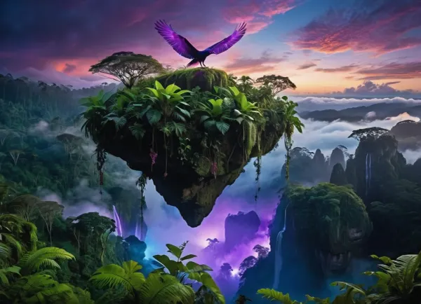 (Vibrant, awe-inspiring, fantastical rainforest landscape:1.3), towering, (floating islands:1.2), covered in lush, dense foliage, vibrant green moss, and sprawling vines, ((bioluminescent purple and blue glow emanating from within the rocks and plants)), 1.4, connected by natural bridges, mystical atmosphere, ancient temples built into the rock, distant jagged mountains piercing through a soft, hazy cloud layer, (early morning twilight:1.1), with a celestial pink and lavender gradient sky, ((a lone indigenous rider on a flying creature soaring through the forest below)), 1.3, intricate plant life in the foreground, highly detailed, photorealistic, cinematic lighting, volumetric fog, ethereal, epic scale, octane render, 8k, masterpiece, global illumination, atmospheric perspective