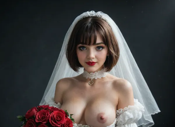 Emo girl, girl 25 years old, brown hair, (bob cut with bangs:1.5), smile, Blue eyes, goth girl, goth makeup, red lipstick, cat eye makeup, smudged makeup, nude tits, topless, big slaggy breasts, milky breasts, beautiful breasts, big nipples, erect nipples, snow white wedding dress, juliet sleeves, white choker, gold jewelry, happy, white veil, (black background), (3/4 view), white corset, One Beautyful bride in white gown with frosted red berries print at Long sleeves, veil with Silver Snowflakes application. Winter white coat with Fake fur. Sparkle, Bokeh. Roses and berries Bouquet and Archway. Outdoor, Aurora, Ethereal., cinematic shot, dynamic lighting, 75mm, Technicolor, Panavision, cinemascope, sharp focus, fine details, 8k, HDR, realism, realistic, key visual, film still, cinematic color grading, depth of field.

Overall, it's an absolute world-class cinematic masterpiece. It's an aesthetically pleasing cinematic shot with impeccable attention to detail and impressive composition., <lora:Harness_Straps_sdxl:2>