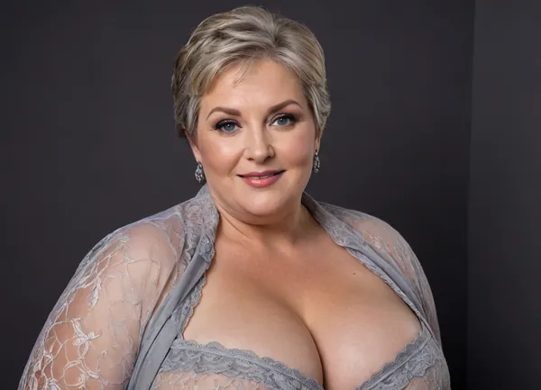 (Very Close-up:1.4), focus on cleavage, intimate portrait photo a Scandinavian chubby mature woman, (ssbbw:1.2), perfect face, ((fat ginormous huge bosom, very limp)), ((oversized cloths, dreamy lace)), tulle, presenting cleavage, fat round face, flushed cheeks, double chin, strong jawline, strong broad fat shoulders, fat strong arms, 70 years old gilf, blue eyes, (light brunette pixie haircut), (straight hair), joyful smile, looking at viewer, (leaning towards viewer), (solid dark grey background:1.3), low level shoot, film grain, style by Flora Borsi, OverallDetail, (fully clothed), ((loose, see through oversized shirt)), leaning, forward, ((shot from side)), plump, skindentation, chubby, bbw, venus, body, sfw, <lora:Chubby BBW - XL:.8>, large, breasts, big, boobs, huge, tits, <lora:bombshell_v2:.8>