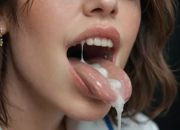 High-resolution digital photograph providing a detailed medical view inside an open human mouth. Close up of the mouth, (mouth taking most of the frame of the image space:1.4), . The image should show the teeth, gums, tongue, uvula, and throat in realistic clinical detail with natural lighting. Extreme close-up focus on the oral cavity, mouth full of cum