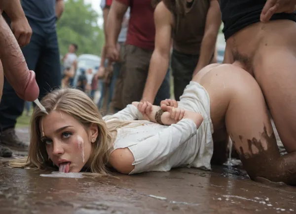 gangbang, young adult, 19yo, (made up:1.4), (long lashes:1.3), blonde, (long hair:1.2), (side parting:1.4), (rolling eyes:1.3), (white mini dress), lies on ground, lies in mid, (anal sex:1.4), (top-down:1.4), (bottom-up:1.2), (arms behind back:1.4), (hands tied together:1.2), head on ground, face hold on ground, (licking cum from ground:1.4), (bukkake:1.4), (cum on face:1.3), (facial cumshot:1.4), ((flaccid cocks)), ((men fully clothed)), open air festival, (mud:1.2), rain, puddles, (view from side:1.3)