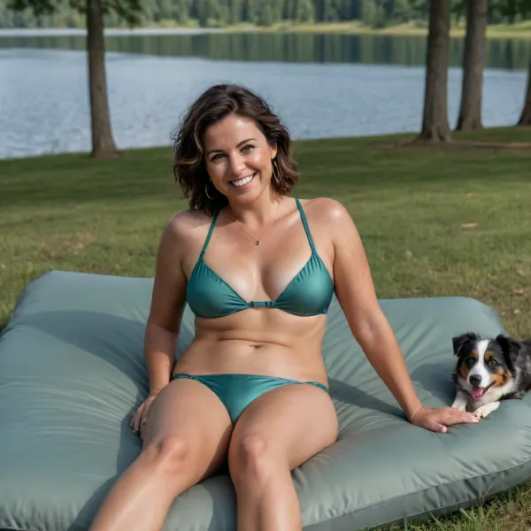 cinematic view of full body woman 40 year old, woman is brune hair, short hair, in front of AIRBED outside, betwin lake and forrest, litle smiling or laughing, detailed satin swim suit, detailed skin, large circle earring, no makeup, perfect smokey eye, large necklace, engagement ring, alliance, Wedding ring, Australian Shepherd dog is sleeping on grass, perfect lips, 8k, perfect fingers, HDR photo, best quality, ultra-detailed, masterpiece, finely detail, highres, 8k wallpaper, photorealistic, perfect illumination, best shadow, best shot, soft lighting, bhands, little hands, perfect eyes, Raw photo, 8k uhd, high quality, high resolution, professional photography, photorealism, realistic 4k epic detail, shot on kodak, 35mm photo, sharp focus, high budget, cinemascope, moody, epic, gorgeous, film grain, grainy, score_9, score_8_up, score_7_up, rating, explicit, view full body