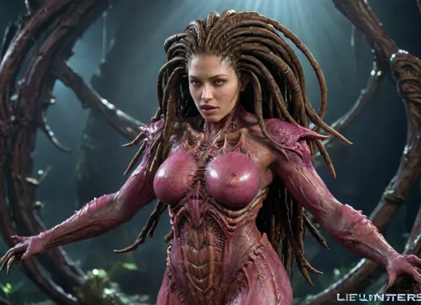 queen of blades from starcraft, fucked by male zerg, thick curvy hourglass naked body, giant perky breasts with large areolas, breast expansion, inflated belly, queen of blades, hyper wide hips, massive giant perky tits, giant fat ass, surprised face, spooning vaginal sex, (alien monster fucking girl's pussy:1.3), ultra realistic, precum, masterpiece, best quality, in a space ship, science, fiction, woman, dreadlocks, z3rg, monster, tentacle, purple, <lora:add-detail-xl:.8>, <lora:SDXLHighDetail_v6-000005:.8>, <lora:InfestedKerrigan1024:1.6>, <lora:derv-z3rg-SDXL-CIVIT:.9>