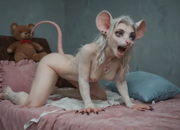 In a pink and blue room, frilly pink pillows, teddy bears, (middle aged sexy goth woman:1.2), (screaming), (mid 30's:1.3), (detailed petite body), (wearing a pink mind control necklace), (transforming into a realistic anthro mouse woman:.814), (whiskers), (sharp claws:1.2), ((mouse ears), (mouse feet:1.2), (mouse tail), (whiskers), (furry gaping cream pie pussy:1.2)), (detailed mouse tail), (exposed breasts:1.4), (realistic fur texture), flat, chested, sex, fit body, (wearing a white and blue very tight torn school uniform:1.2) In a pink and blue room, frilly pink pillows, teddy bears, (middle aged sexy goth woman:1.2), (screaming), (mid 30's:1.3), (detailed petite body), (wearing a pink mind control necklace), (transforming into a realistic anthro mouse woman:.814), (whiskers), (sharp claws:1.2), ((mouse ears), (mouse feet:1.2), (mouse tail), (whiskers), (furry gaping cream pie pussy:1.2)), (detailed mouse tail), (exposed breasts:1.4), (realistic fur texture), flat, chested, sex, fit body, (wearing a white and blue very tight torn school uniform:1.2)