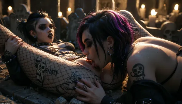 (panoramic), 8K UHD, realistic masterpiece, maximum quality, maximum details, maximum realism, score 9, score 8 up, score 7 up, (cemetery, crypt, skulls), (gothgirl), (goth fashion, punk, fishnet tights:1.2), (pussy licked, lesbian, cunnilingus), (laying on back, arms spread, legs spread), (bound by ropes:1.2), Endless_Up_SDXL_Neg, aw0k, illuminate, sggirl, emo, tattoo, pale, cold, lighting, blue, hair, red, purple, <lora:MJ52:1.4>, <lora:dark:1.4>, <lora:mjilluminate-000010:.9>, <lora:SG_emo_girl_SDXL:.9>