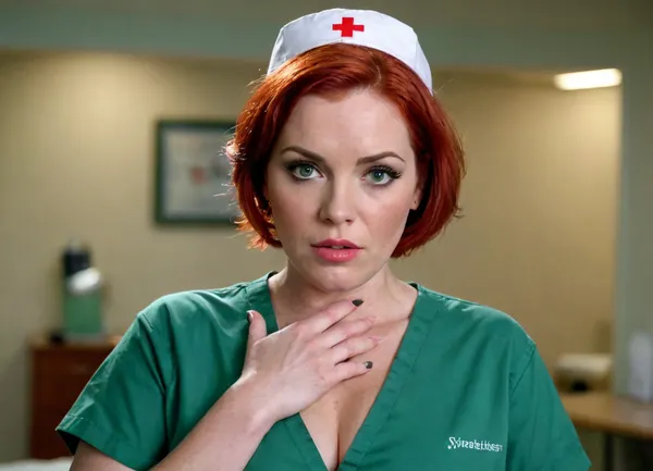 A nurse very strong big milf, short bright red hair, (very wet hair), chubby very powerful strong body, very big strong shoulders, Very strong wide forearms.A very strong very powerful broad-shouldered woman.Brown eyes.A closed green surgical uniform of a nurse with half-covered shoulders, a gray dirty bra is visible, (saggy boobs), .Large wristwatch on a wide wrist.
Very big lips.A very wide, experienced mouth of a skilled cocksucker.A very lustful, slutty look. The eyes of a real whore.The woman really wants to fuck and suck.
Very freckled.She look from under his brows and frowns.
super realistic