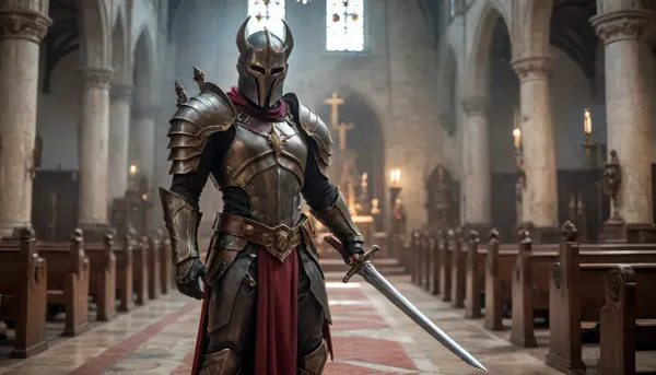 a small, demon hunter, big sword, in church, armor, full body, monroesweet, 4ng3l, face, <lora:Katerina_Kozlova_AKA_Monroe_Sweet_V3:.8>, <lora:SDXL_BetterFaces-LoRA_v1:.8>
