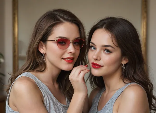 The image shows a yo girl wearing a sleeveless gray dress with decorative details on the shoulders. She has long, wavy brown hair and is smiling while applying red lipstick. She holds a red lipstick in one hand and a compact mirror in the other, which is partially open. Red sunglasses rest on top of her head, and she has pinky-red nail polish, matching her lipstick. The background is plain and light-colored, emphasizing her as the focal point.