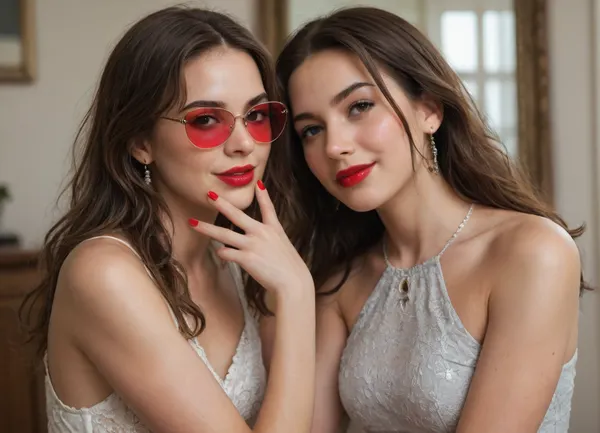 The image shows a yo girl wearing a sleeveless gray dress with decorative details on the shoulders. She has long, wavy brown hair and is smiling while applying red lipstick. She holds a red lipstick in one hand and a compact mirror in the other, which is partially open. Red sunglasses rest on top of her head, and she has pinky-red nail polish, matching her lipstick. The background is plain and light-colored, emphasizing her as the focal point.