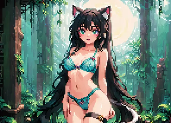 pixel art, pixelart pixel, art, <lora:ratatatat74-000050:1.3>, <lora:outline_xl_kohaku_delta_spv5x:1.8>, <lora:cartoon_stickers_xl_v1:.6>, <lora:NEOTOKIOXL_0.2_RC:.4>, <lora:pixel_stormXL:1>, Catgirl, black hair, straight hair, long hair, very long hair, cheerful, playful, naughty, cute, seductive cheeky, slim, fit body, posing, lingerie