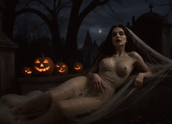 night photography, horror movie, uhd, gorgeous nude woman reclines on a tomb in a graveyard, body wrapped in cobwebs, moonlight and shadows, jack-o-lanterns, long black hair, gothic makeup, perfect face, perfect eyes, perfect hands, spiderweb, cobweb, <lora:spiderweb:1>
