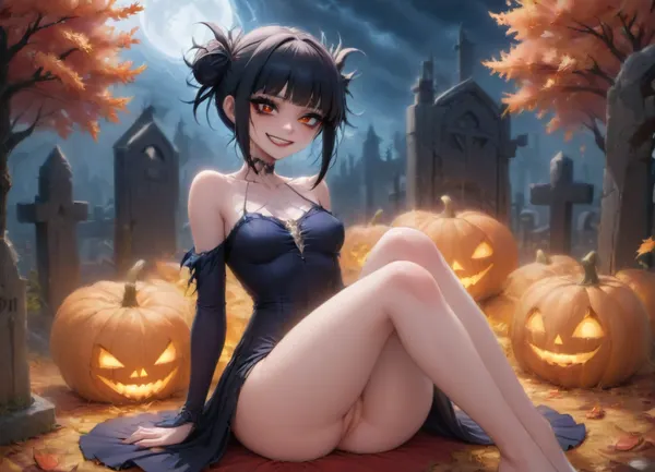 Shoujo anime, night, face like Toga Himiko, gorgeous anime girl with big red eyes reclines in a graveyard with her pussy on display, knees together, evil grin, manic expression, blood red lips, torn gown, long black hair, gothic makeup, extremely skinny, extremely long legs, moonlight and shadows, jack-o-lanterns, spider webs, autumn leaves, <lora:275493_training_data:.8>, t0g4vx, <lora:togavx01-10:.8>, <lora:intenseMODE_md:.8>