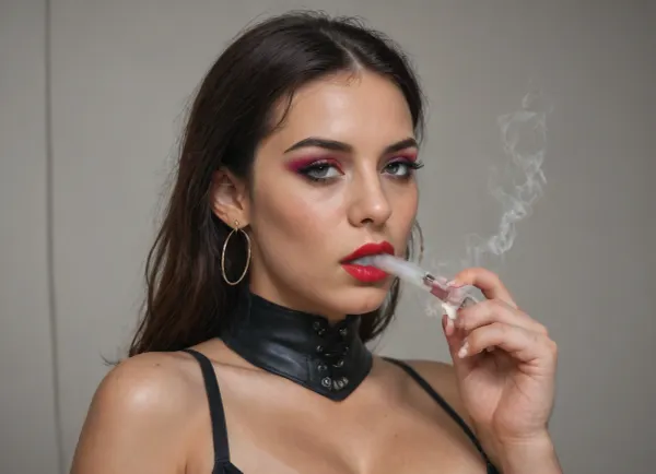 full body, ((Photorealistic high quality picture)), intense eye makeup, bold dark eyeshadow on upper eyelids, heavily lined eyes, thick eyeliner, red lipstick, (Super busty and thick hourglass figure), extremely huge breasts, tan lines, revealing clothes, detailed hair, detailed eyes, pretty face, leather corset, insane cleavage, thin, (lil Kim), (UPPER BODY CLOSEUP), 360 degree view, (simple backgound), (vaping:1.6), VapeXL, <lora:VapeXL-08:.7>