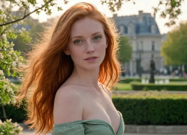 dark cinematic moody photo of beautiful sexy very slender 33 year old woman, (redhead:1.5), (full body:1.5), tiny breasts, no makeup, (green eyes:1.5), very long hair, hands in her hair, Freckles_XL, freckles, (green eyes:1.3), extremely long hair, bony, shaved pussy, (sunset:1.3), Golden hour lighting, sun rays, hair in the wind, smile, (((background is the Tuileries Garden, hedges, bushes, cherry blossom trees, magnolia trees, Paris, horizon))), fountain in distance, freckle, Freckles, Eye-catching sunset, <lora:Freckles_XL:1.3>, <lora:eye-catching_sunset:.8>
