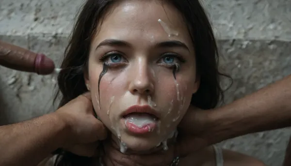 (masterpiece, best quality, photorealistic, ultra detailed, highres), 1girl, 20 year old outrageously beautiful woman, goddess-level symmetrical face, porcelain skin glowing softly, expressive grey blue eyes, heavy lashes, flushed cheeks, glossy parted lips, ultra voluptuous sensual figure with gigantic natural breasts, ultra narrow corseted waist, wide rounded hips, perfectly toned long legs, standing with one hip cocked, shoulders back, chest lifted, wearing a scandalously tight semi-sheer Belle Époque inspired corset dress, open neckline exposing full cleavage, corset fabric stretched taut over breasts, lace barely concealing nipples beneath embroidered layer, waist tightly laced creating extreme hourglass silhouette, translucent silk skirt hugging hips and thighs with visible panty lines under fabric, slit revealing smooth thigh, no outerwear or gloves, bare arms and shoulders, long ash-blonde hair in elegant vintage updo with long cascading waves to hips, ornate golden hairpins and tiny roses woven in, standing beside marble statue among pastel roses and sculpted hedges in the Tuileries Garden, late golden hour light grazing her skin, breeze pressing fabric to every curve, cinematic soft haze, HDR, shallow depth of field, ultra sharp focus, side view, (huge dick:1.12), (creamy deep deepthroat:1.4), (extreme oral sex:1.4), (huge massive white dick:1.4), (cum), (hands yanking hair hard, tufts of hair flying loose), (brutal face fuck), Blowjob, (tears in eyes:1.5), (running makeup), cum drips from nose, cum drips from mouth, (man is choking her from behind:1.4), ((mouth wide open)), impossible fit in mouth, (bound and shackled), (side angle view), giant big black dick, cumshot, bukkake, extreme close-up face, black hair, (completely glazed with thick milky white glossy cum:1.7), no skin visible beneath the slime layer, (smooth seamless coating:1.5), (slime oozing and flowing over facial contours:1.4), eyelids, lips, cheeks, chin all buried under the fluid, facial shape still subtly visible beneath the glaze, soft veil partially stuck to the slime, surreal beauty shot, high detail wet texture, cinematic lighting, dark soft background, artistic surrealism, close_up_detailed_shot_of1, reij-snrs, light, and, shadow, by, <lora:add-detail-xl:2>, <lora:cfg_scale_boost:2>, <lora:close_up_detailed_shot_of1:2>, <lora:dark:2>, <lora:sunriseSDXL-000009:2>