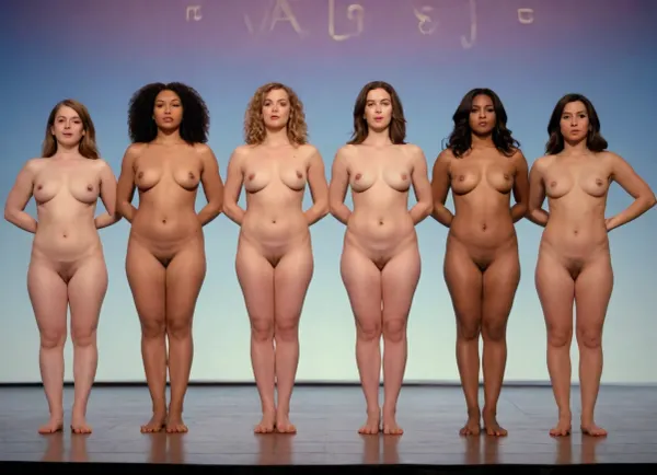 five international women stand side by side on stage at Miss Vagina and pose with their legs spread wide, presenting their open, spread-eagled naked vaginas, swollen vaginas, thick mounds of Venus, and labia spread apart.