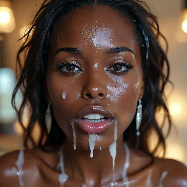 30 year old female Sudanese queen, covered in thick white realistic cum, sexy expression, orgasm, orgasm face, Mouth half open, tongue on lip, eyes half closedwoman, cum, on, face, <lora:MJ52:.3>, <lora:BUT_SDXL_SHS:1.3>, <lora:add-detail-xl:.7>, <lora:CinematicStyle_v1:2>, <lora:JustCum:1.5>