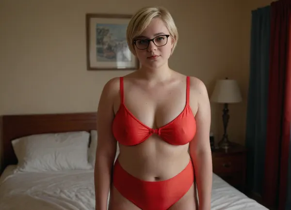 A 18 yo grirl with blonde short hair, chubby, plump, pudgy belly, small saggy breast, thin glasses, posing in her bedroom, She is wearing a light red swimsuit, tight swimsuit