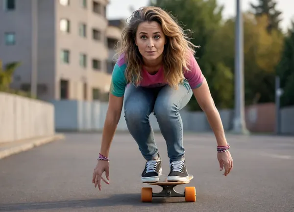 ultra-realistic, 8K HD, thick 50-years old women, detailed face, detailed hair, deep grey eyes, on a skateboard, side view, full body view, looking the viewer