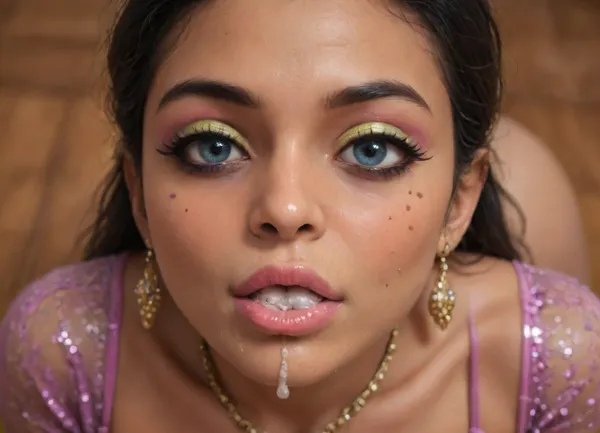 Indian sexy beautiful girl, (blue eyes:1.3), (high-quality facial detailing with long eyelashes and plump lips), (Indian face:1.9), ((makeup:1.8), long blue eyelashes, olive eyeshadow with glitter), (lips:1.2), open mouth, saliva, in a transparent tight-fitting sequined dress, (pink-purple areoles are visible, nipples with piercings), an exquisite necklace and gold bracelets, (purple anus stretched around dildo), mid ejaculation, (penetration), she has long hair tied up in a bun, (purple pussy:1.7), nipple ringsnipple, (purple puffy anus:1.5), nipple ringsnipple rings, pussy view, slit pussy, slender long legs with a high waist, fishnet stockings, green stilettos, seductive grins, dark skin., (cum in mouth:1.3), (heavy pussy piercing:1.4), There is a lot of cum on the pubic area of the anus, CHIBI, ((bimbo makeup, intense saturated glossy lipstick:1.5)), <lora:qban-nig:.8>