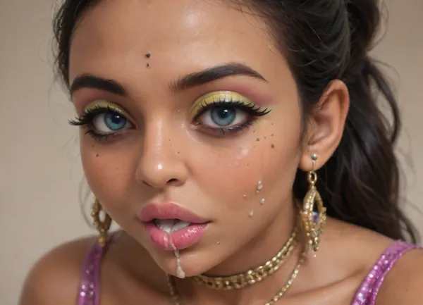 Indian sexy beautiful girl, (blue eyes:1.3), (high-quality facial detailing with long eyelashes and plump lips), (Indian face:1.9), ((makeup:1.8), long blue eyelashes, olive eyeshadow with glitter), (lips:1.2), open mouth, saliva, in a transparent tight-fitting sequined dress, (pink-purple areoles are visible, nipples with piercings), an exquisite necklace and gold bracelets, (purple anus stretched around dildo), mid ejaculation, (penetration), she has long hair tied up in a bun, (purple pussy:1.7), nipple ringsnipple, (purple puffy anus:1.5), nipple ringsnipple rings, pussy view, slit pussy, slender long legs with a high waist, fishnet stockings, green stilettos, seductive grins, dark skin., (cum in mouth:1.3), (heavy pussy piercing:1.4), There is a lot of cum on the pubic area of the anus, CHIBI, ((bimbo makeup, intense saturated glossy lipstick:1.5)), <lora:qban-nig:.8>