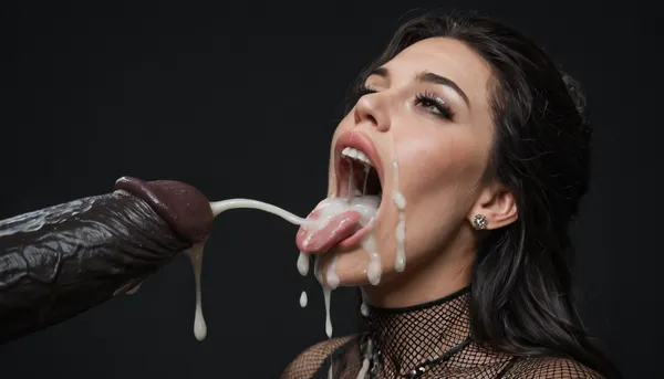 close-up, (milf:1.2), naked black woman, absolutely black skin, deep ebony skin, (((absolutely black skin))), voluptuous woman, extremely long sleek black hair, very busty, (massive breasts:1), wide hips, thin waist, pink fishnet top, black room, black background, looking at a massive cock of a black male with a gigantic thick 25 inch penis, big testicles, huge erection, masturbating, (ejaculation:1.4), (gaping mouth:1.2), tongue sticking out, (realistic excessive thick runny cum all over her face and body), mouthfull of cum, cum dripping out of her open mouth, nose full of cum, mouth full of cum, lots of very thick cum, loads of cum, woman, on, face, excessive bukkake, cum, facialized, superfacialized, cum dripping from mouth, black background.