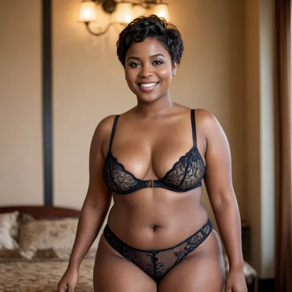 African Woman, beautiful face, smile, young, brown eyes, much chubby, wide hips, Pixie cut, black hair, flat boobs, black skin, large thighs, lingerie stand.