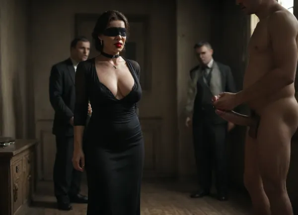 (realistic style), masterpiece, highest quality, ultra detailed, extreme high quality, 8k, uhd, RAW file, high quality textures, (husband handing over his wife to a black man:1.2), (drug lord), (black man with cock waiting), lifting her evening dress, stripping, caress, man in suit, (submissive mature wife exposed standing in the center of the room:1.4), (woman standing hands back waiting orders), worried, sorrow, blindfolded, bdsm, collar, ballgag, muzzle, (british milf:1.3), submissive, (spontaneous face expressions:1.1), naughty, slut, sagging tits, (mafia, in a bad mood, stern look, fat black man:1.3), (realistic skin texture), detailed beautiful cock, precum, ass, tits, pussy, embarrassed, shy, lavy black lingerie, in a living room, soft shadows, night, soft light, full body view, detailxl, expression, photo, portrait, <lora:Expressions XL:.5>, <lora:real-humans-PublicPrompts:.8>, <lora:dark:.4>, (RealBlackFFStocking), <lora:RealBlackFFStocking_XL:.8>