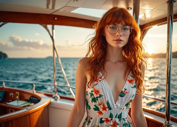 UHD 8K, extreme realism, maximum detail, slim 18 year old skinny redhead girl, long hair and blunt bangs hairstyle, glasses, on yacht, oiled skin, full body, wavy red hair. Cute short, revealing, white Lilly_Pulitzer style dress, realistical body, detailed face, facing viewer, detailed skin, realistic lighting, yacht, <lora:MJ52:.8>, <lora:yacht_XL:.4>