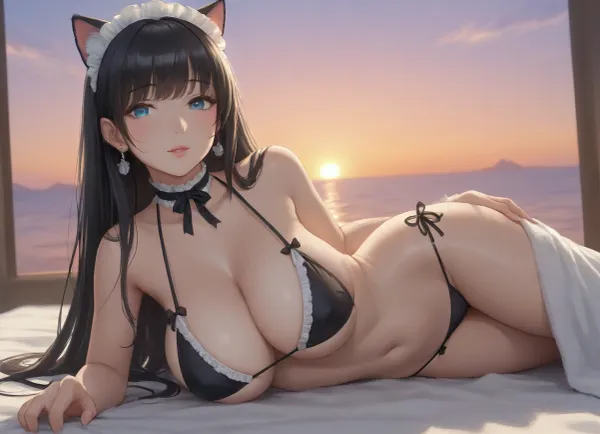 gorgeous woman with super huge tits, gigantic tits, 22 years old, mature, perfect body, super slim body, thin body, straight bangs, long hair, black hair, straight hair, cat ears, black bikini, maid bikini, frill bikini, sunset, beautiful lighting, best quality, 8k resolution, perfect reflections, lying on towel, view from below