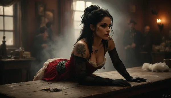 Monochrome, Wild West 1790, a super sexy athletic and flat-chested and very dark skinned Native American woman as Classic French cancan dancer crawling over the table in typical sexy costumes and black long hair, (black pubic hair:1.7), (all over tattoo:1.6), ruffles, garter belts and cancan in a saloon, lifts up her dark red miniskirt, (perfect pussy:1.7), she wears, (sexy cancan outfit:1.3), underneath a red lingerie, (dark red velvet dress with many white petticoats:1.4), (black fishnet stockings:1.4), cowboy boots, perfect face, perfect hands, dangerous aura, dancing on the polished wooden stage of a smoky frontier saloon, (pompom in one hand:1.3), warm golden lamplight, card tables and piano in the background, cowboys and gamblers glancing her way. Sawdust on the floor, haze of cigar smoke in the air, filled with dust and smoke, emphasizing a cinematic, dystopian cowboy atmosphere, art Style & Technique is a dirty old style, Ultra-realistic digital painting with cinematic depth of field. Highly detailed texturing on leather, skin, and hair, dramatic contrast lighting and warm dusty tones, a sharp foreground focus and a slightly blurred background to create depth, masterpiece, best quality, ultra-detailed, cinematic lighting, wild west, smoking weed, cannabis, Ultra-realistic Western art, highly detailed, cinematic moody lighting, tense but charismatic atmosphere., crowd, of, people, Black, and, white, art, black, shading, charcoal, toned, brutal, dark, b/w, color, scheme, <lora:crowd_notrigger:.8>, <lora:MJ52:.8>, <lora:Black and white art.V1:1.5>