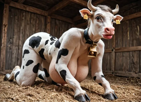 (photorealism:2), 60 yo elderly mature milf, long black bob cut, slim thick waist, (hyper expansion of natural breasts, soft breasts:1.1), (indignation:1.2), sharp face features, narrow face, big eyes, thick lips, wide jaw, wide cheekbones, (anthro cow with hooves for hands and feet), (collar, cow bell), (white body and face with black spots, large black cow spots:1.1), in a stable, on all fours, <lora:SDXL_Human_Male_Furry_Female:.8>, ((front view and view from below, focus on tits))