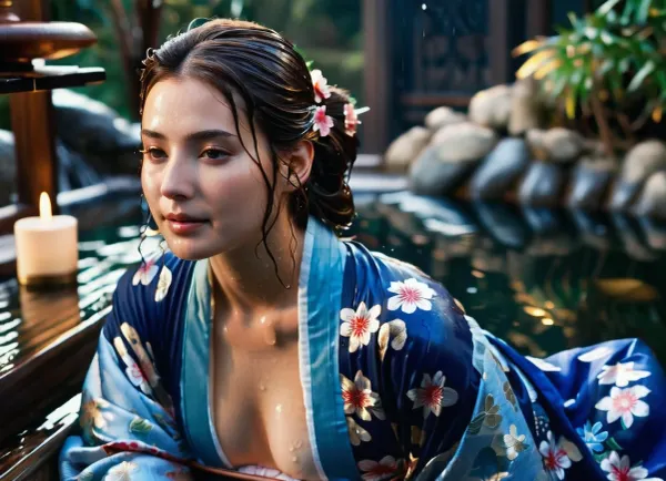 (masterpiece), (highest quality), (extreme detail), photorealistic, (lying:1.2), (steaming water:1.1), young woman, Eurasian woman, heroine, (exquisite appearance), (perfect body proportions), stunningly beautiful facial features, long dark brown hair, loose hair, (wet hair:1.4), radiant skin, sweat, (wet kimono:1.4), (transparent kimono:1.6), (Breast and nipples visible through kimono:1), dark blue with gold floral pattern, (studio lighting:1.1), (soft light), high sharpness, richness of textures, clear pattern, (natural makeup:1.1), glossy lips, gentle smile, candles, massage oil bottles, folded towels beside the spa ancient Japanese spa, steam, water in foreground, outside, formal garden in background, Relaxed_Woman, laying, down, <lora:390293_training_data:1.7>, <lora:SDXLHighDetail_v6-000005:.8>, <lora:CinematicStyle_v1:.8>