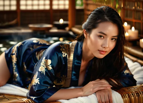 (masterpiece), (highest quality), (extreme detail), photorealistic, 1 girl in a photo shoot, (lying on a rattan mat:.8), young woman, Eurasian woman, heroine, (exquisite appearance), (perfect body proportions), stunningly beautiful facial features, long dark brown hair, loose hair, wet hair, radiant skin, (sweat on skin:.8), (wet kimono:.8), (transparent kimono:.8), dark blue with gold floral pattern, (studio lighting:1.1), (soft light), high sharpness, richness of textures, clear pattern, (natural makeup:1.1), glossy lips, gentle smile, ancient Japanese spa, steam, (steaming water:.8), water in foreground, outside, formal garden in background, candles, massage oil bottles, folded towels beside the spa, (erotic photoshoot:1.5), <lora:CinematicStyle_v1:.8>, <lora:style_lora_realis:.6>, <lora:694486_training_data:.6>