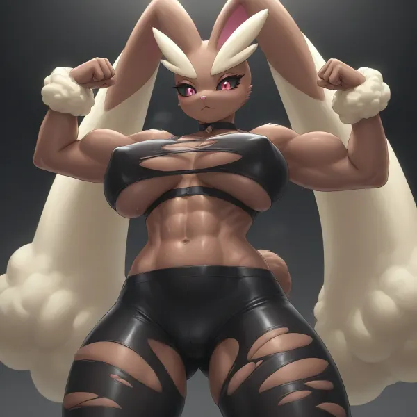 giant muscular Lopunny, (Pokemon), flexing in ripped black stockings. giant areolas, covered perky nipples, giant milky boobs, sweaty. Black choker, stretched leather bra, ripped leggings.

worm pov, moody lighting.

anthro bunny lopunny