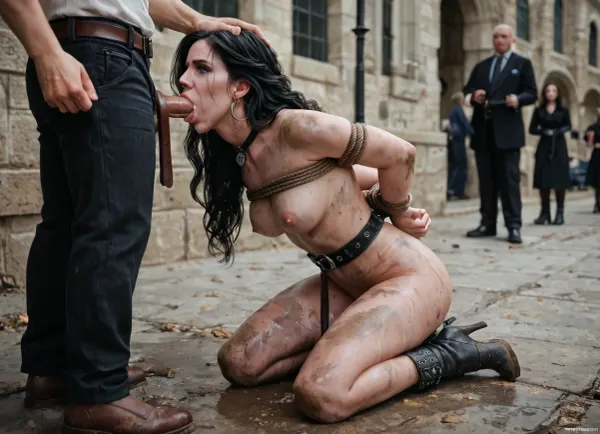 nude, belts, cry, deepthroat, anal plug, Yennefer, hooves boots, tied up arms behind back, heigh heels, dirty, tagging earrings, public parc, <lora:284451_training_data:2>