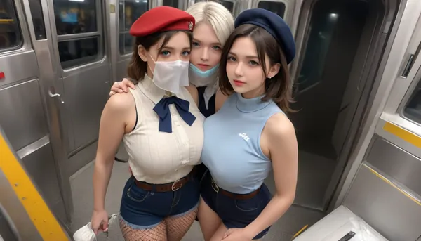 three extremely attractive busty middle eastern train hostess women with name tags on, colossally exaggerated with colored glittery glowing eye makeup, meets the viewer's gaze with enormously horny and excited eyes, colossally aroused women grope and kiss each other all over their bodies while on duty on a passenger train, diamond platform shoes with extremely high narrow stiletto heels, fishnet pantyhose, sexy skimpy train hostess extremely tight bodycon micro shorts with waist belt, train hostess see-through wet sleeveless extremely tight bodycon turtleneck sweater that stretches colossally over the plump low pendulous breasts, face veil, beret shawl, gigantic colossally plump extremely pendulous beefy monster breasts, extremely exaggeratedly micro narrow waist, view from above