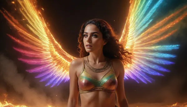 rainbow light, fire, open universe, flying 33 year old dark concentrated egyptian women preist