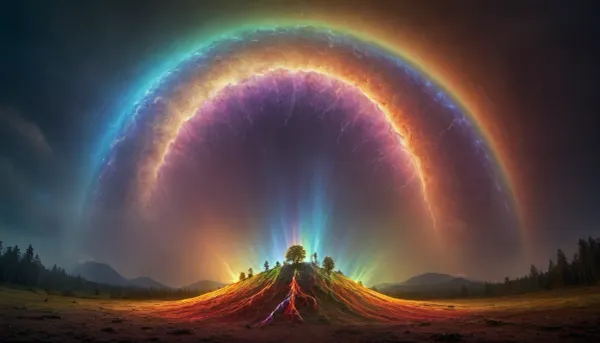 (mycelium network), hmiracle, rainbow light circeled in open universe, orbit, rainbow storm, rainbow fire, rainbow air, rainbow earth